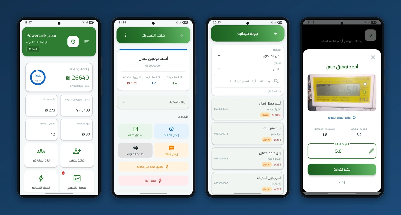 شاشات تطبيق الموظف: لوحة اليوم، ملف المشترك وإجراءاته، الجولة الميدانية مرتّبة حسب العنوان، والتقاط قراءة العدّاد بالكاميرا