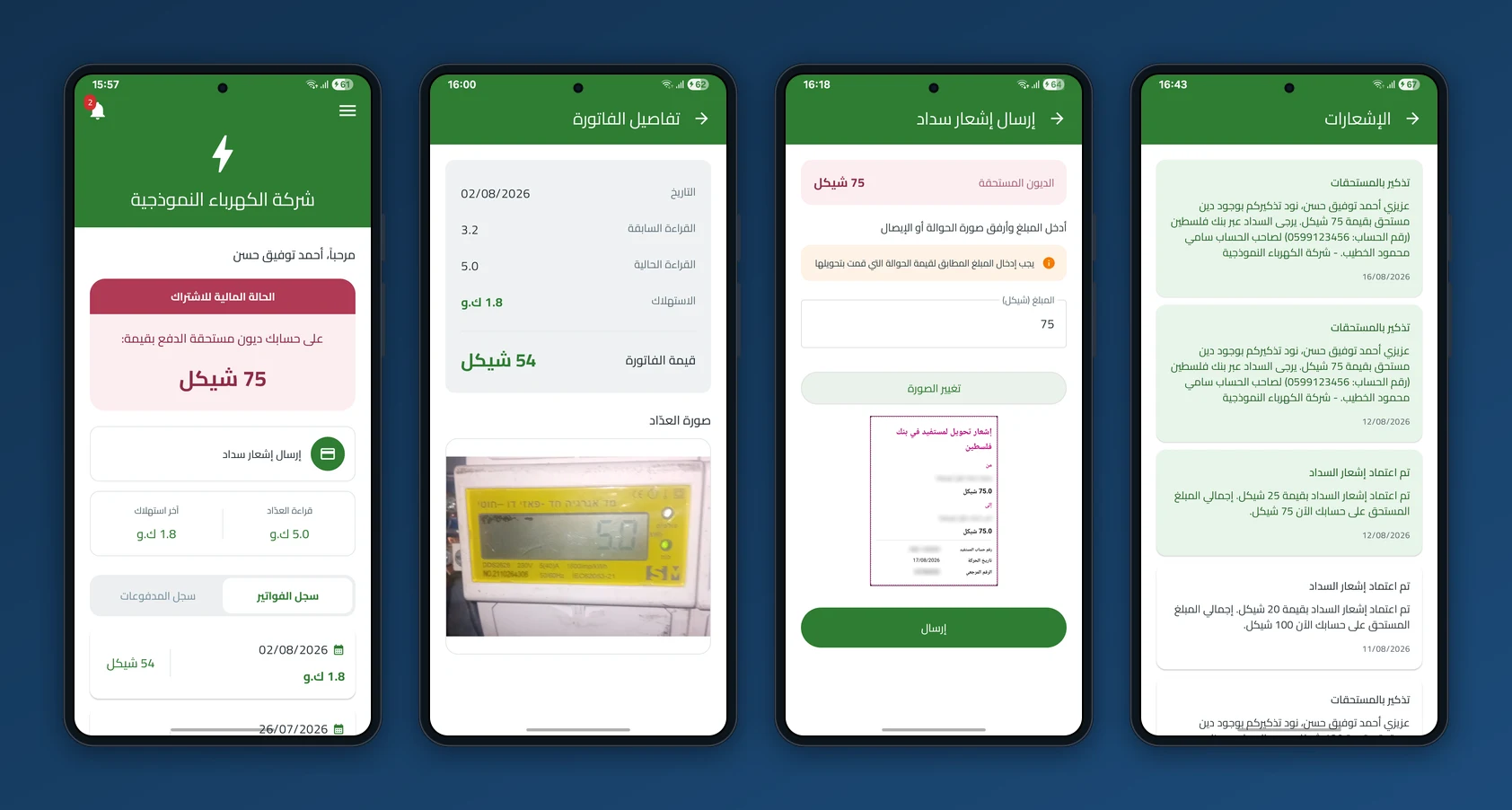 شاشات تطبيق المشترك: الرصيد المستحق، تفاصيل الفاتورة مع صورة العدّاد، إرسال إشعار السداد، والإشعارات