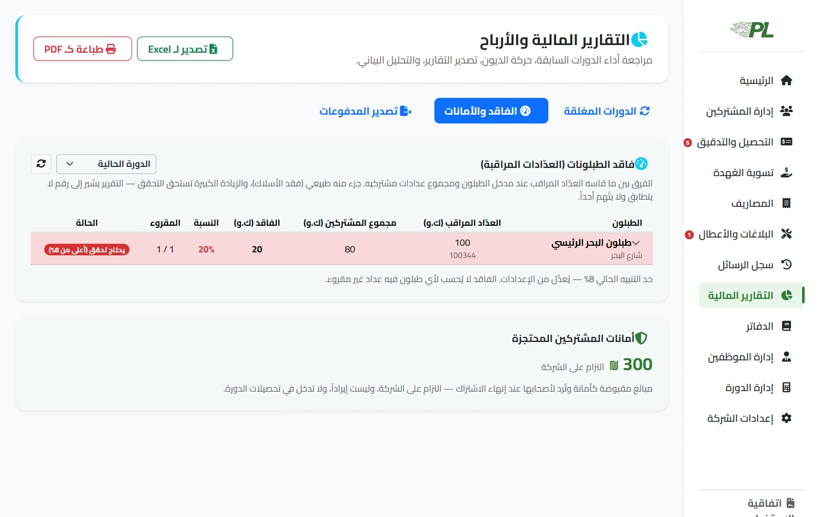 تقرير فاقد الطبلونات: ما سجّله العدّاد المراقب مقابل مجموع عدّادات المشتركين، نسبة الفاقد، وحالة الطبلون
